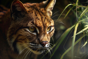 Obraz premium Close-up of a wildcat with a focused gaze among tall grass creating an intense wildlife portrait