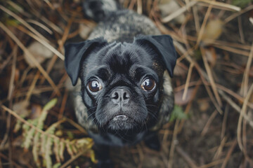 Adorable black pug with big eyes looking up from the ground surrounded by autumn leaves creating a cute scene