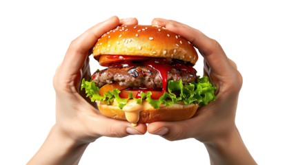 Delicious juicy burger in hands, cut out