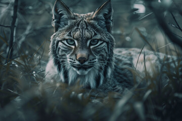 Fototapeta premium Intense gaze of a lynx in a dark forest creating a captivating and mysterious wildlife portrait