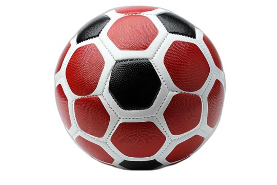A close-up image of a red and black soccer ball  on a transparent background