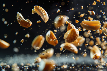 High Speed Capture of Roasted Almonds Breaking Apart with Black Background