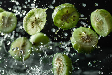 Fresh Cucumber Slices in Splashing Water Against Black Background