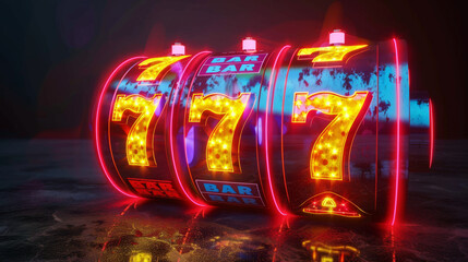 Slot machine with neon lights shows a winning combination of 777, resulting in a big win at the casino.
