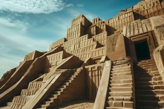 Ancient Mesopotamian ziggurat Uruk historical stepped pyramid architecture in sunlit desert
