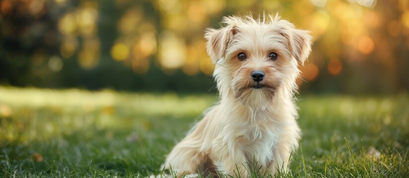 Adorable morkie sitting in lawn. A cute dog waiting for instructions. Pet concept. Breed dog. Pet care.