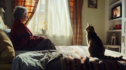 Elderly woman sitting on bed with gray tabby cat watching movie on old fashioned TV