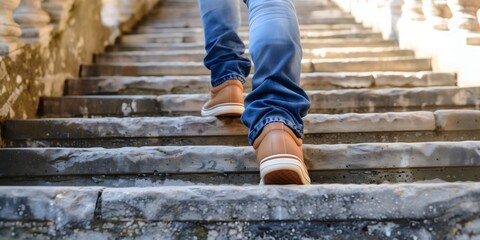 Person walking up stone stairs symbolizing determination for success in life journey