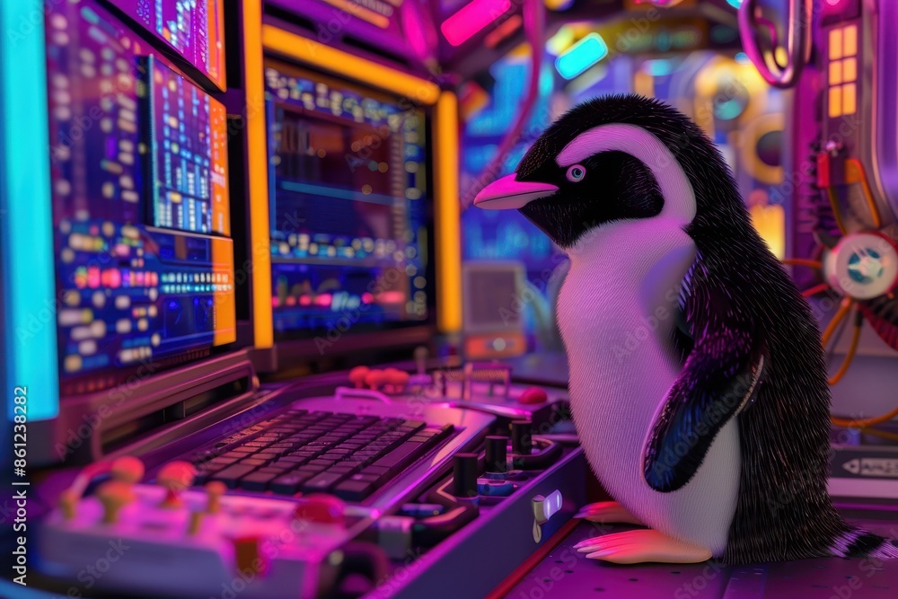 Aufkleber a penguin is sitting at a computer desk with a laptop and a keyboard