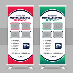 Naklejka premium Modern medical healthcare services roll up or minimalist corporate business signage standee exhibition and professional display pull up banner template