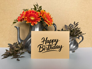 Happy Birthday Card with Vibrant Flowers in Vintage Teapot and Creamer.