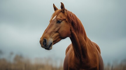 Fototapeta premium Horse in the flower field. Red horse running happily in a field. Excited horse in the wild.