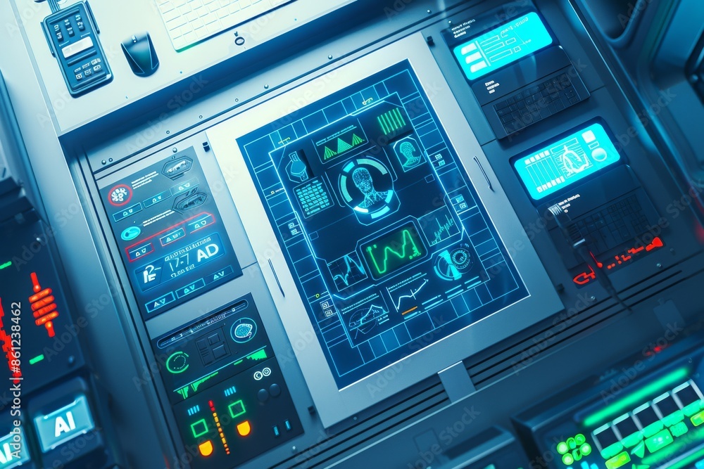 Aufkleber high tech ai control room with advanced digital displays, symbolizing artificial intelligence and fu