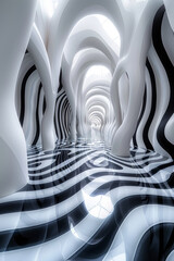 Abstract Futuristic Corridor with Black and White Stripes and Organic Curves