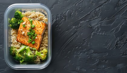 A meal of grilled salmon with broccoli and rice in a food container.