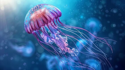 Fototapeta premium Purple Jellyfish Glowing in Deep Blue Water