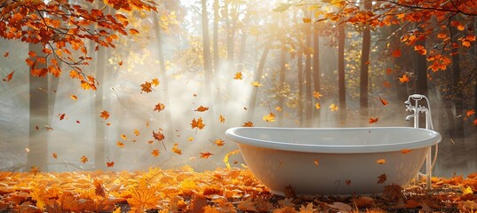 modern bathtube on the falling autumn leaves background, banner 