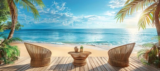 Obraz premium table and two chair on the tropical beach background, banner