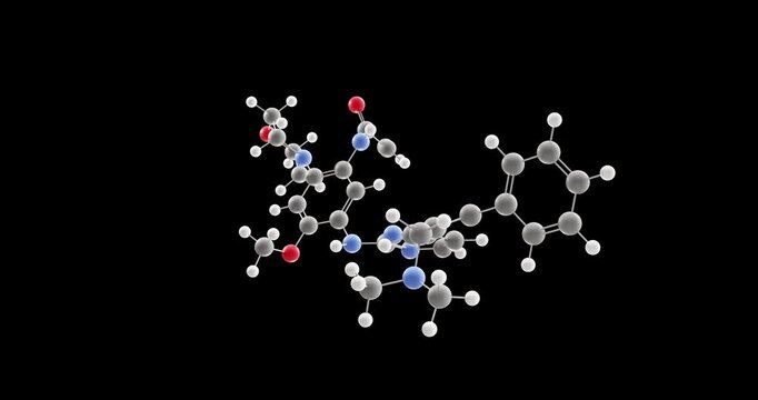 Lazertinib molecule, rotating 3D model of epidermal growth factor receptor inhibitor, looped video on a black background