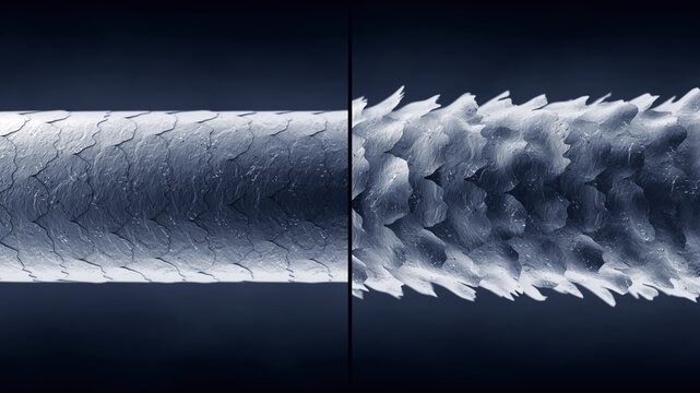 Low and High porosity hair strands, before and after treatment comparison. Hair damage repair