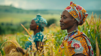 Two women are sitting in a field of tall grass