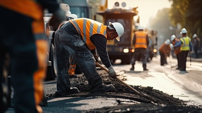 Road construction workers teamwork, tarmac laying works at a road construction site, hot asphalt gravel leveled by workers, and road surface repair