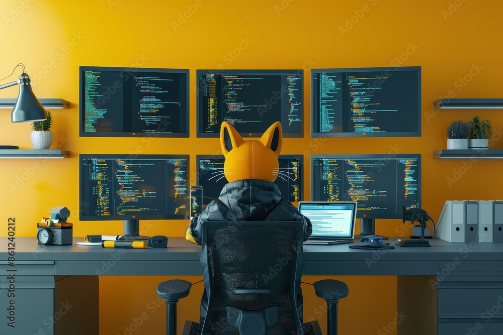 Poster a cat is sitting in front of a computer keyboard, wearing a jacket