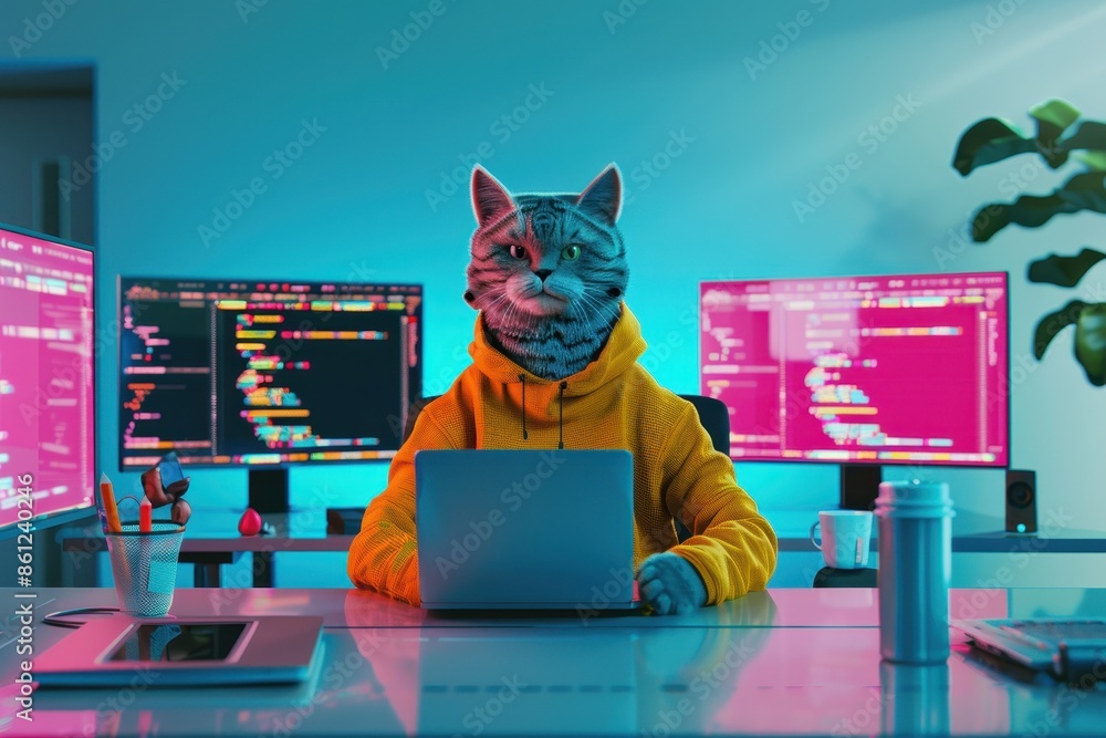 Aufkleber a cat is sitting in front of a computer keyboard, wearing a jacket