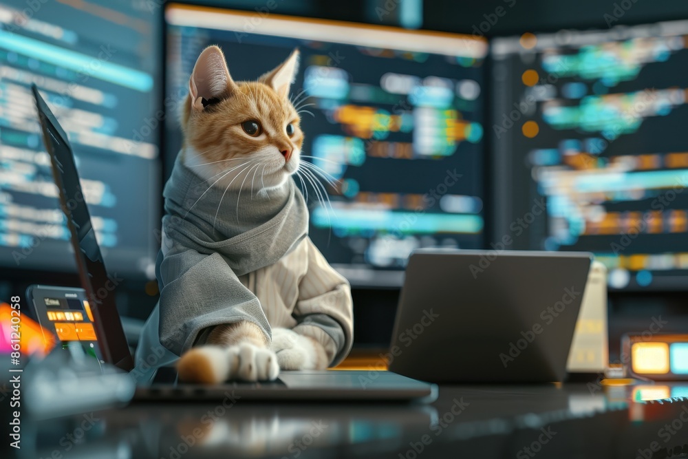 Aufkleber a cat is sitting in front of a computer keyboard, wearing a jacket