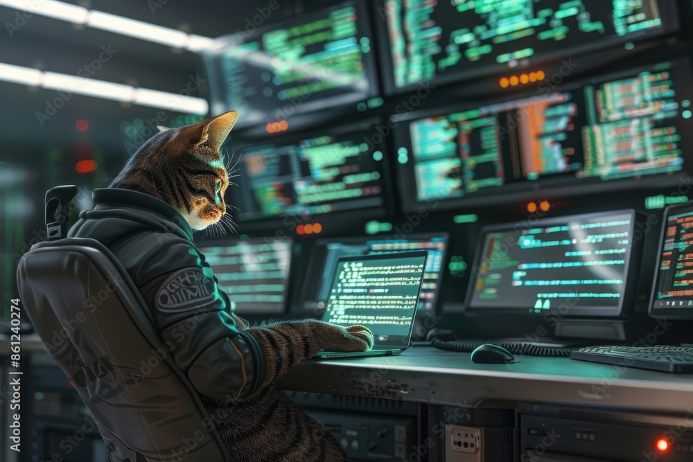 Poster a cat is sitting in front of a computer keyboard, wearing a jacket