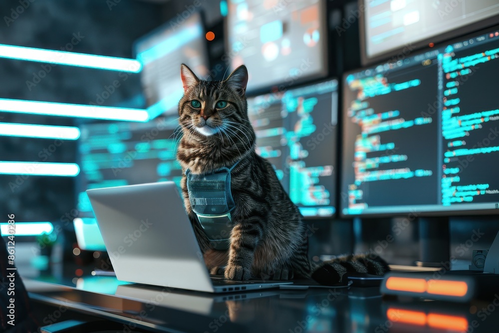 Aufkleber a cat is sitting in front of a computer keyboard, wearing a jacket