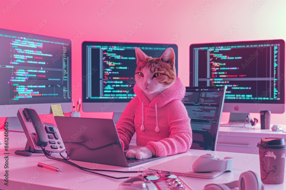 Poster a cat is sitting in front of a computer keyboard, wearing a jacket