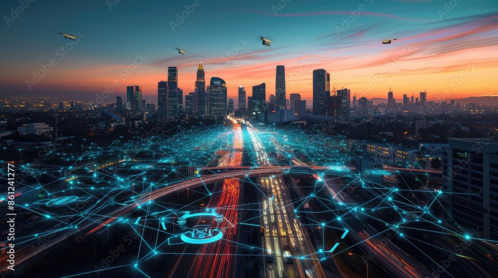 Poster smart city with connecting network and internet of things digital graphics over the skyline aig41