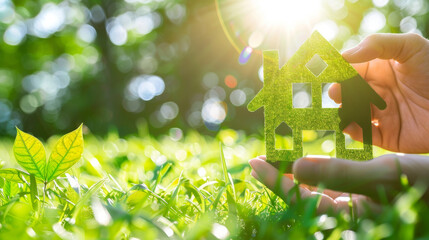 House icon on a green lawn, under the sun and two leaves, framed by hands. This image represents green home and eco-friendly construction.