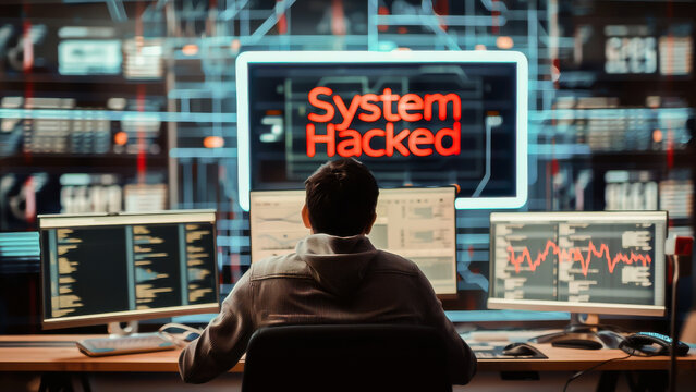 A man sitting at a desk in front of multiple computer monitors displaying a system hacked warning. The scene illustrates a cybersecurity breach or hacking attack in progress.