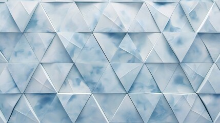 Obraz premium 4. Sculpt a symmetrical array of overlapping triangular panels, textured with intricate patterns in shades of light blue and white, for a modern presentation background.