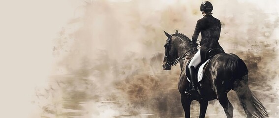Naklejka premium Elegant rear view of a dressage horse in an extended trot, a poised woman rider in a refined riding outfit