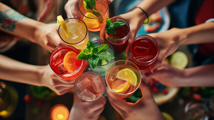 A group of people are holding up glasses of various colored drinks, including orange, green, and red