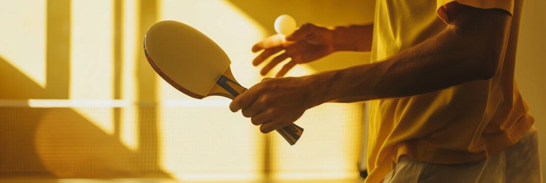 A person plays table tennis indoors, fully engaged in the game as they prepare to hit the ping pong ball in a well-lit recreational space.