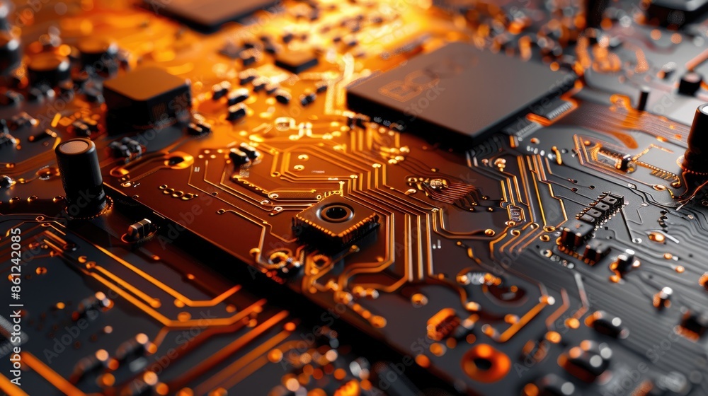 Poster the image shows a close-up of a computer circuit board. the board is made of a green material and ha