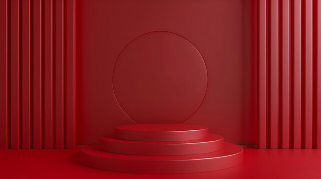 Platform display with modern stand podium, arts & architecture, indoor, red podium with red curtains on the background, Abstract minimalistic red scene with geometric shapes,  3D visualization 
