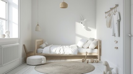 A minimalist children's bedroom with Scandinavian design elements and neutral tones