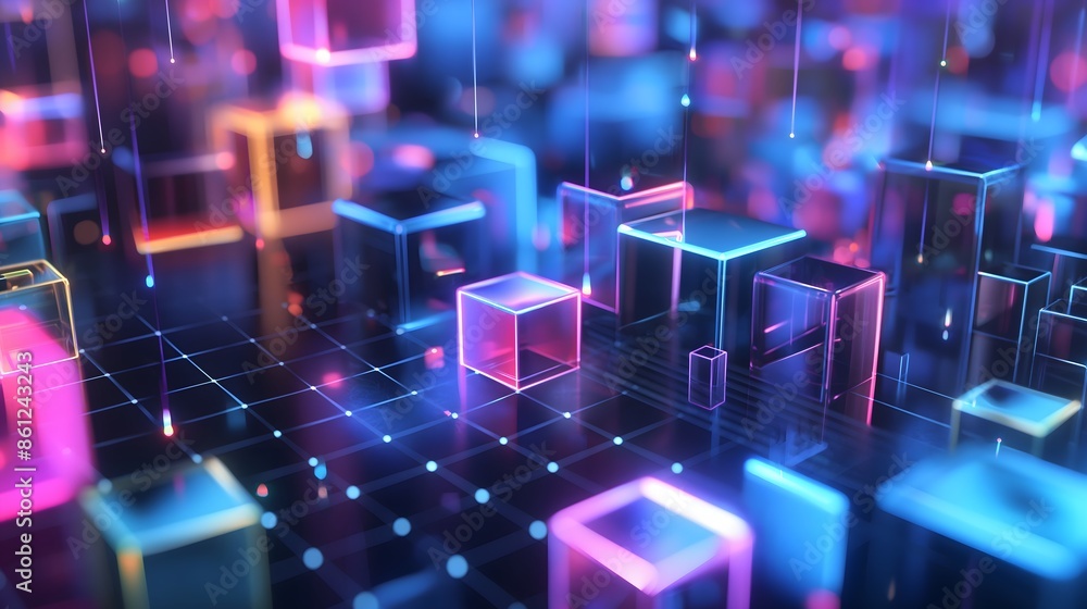 Poster 10. generate a holographic grid of glowing geometric shapes, floating in a three-dimensional space a