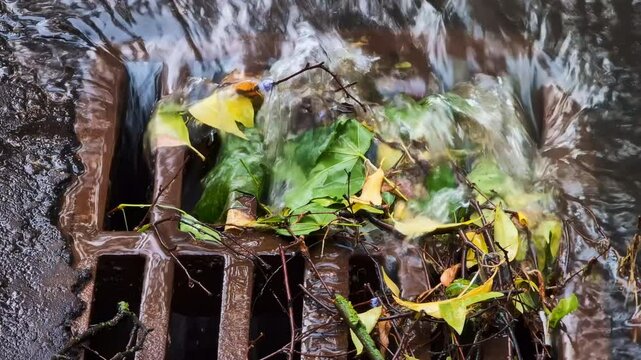 Storm drain in heavy rain water flow partially blocked by leaves, branches and plastic bag environmental pollution flood in the city