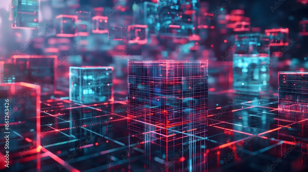 Aufkleber 10. generate a holographic grid of glowing geometric shapes, floating in a three-dimensional space a