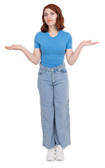 I don't know. Full body young caucasian red bob hair 20s woman shrugging with reluctant face. Clueless and careless cute girl open hands arms two sides. Isolated transparent png background image.