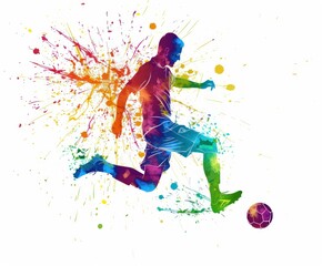 Naklejka premium Dynamic Soccer Player in Action with Colorful Paint Splashes Illustrating Energy - Generative ai