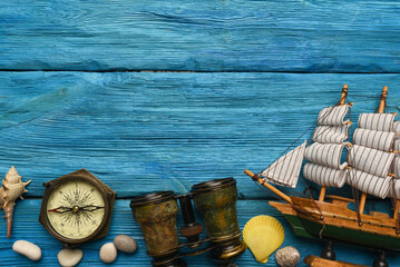 Columbus day concept. Sea travel background. SUmmer vacation concept flat lay background with copy space.