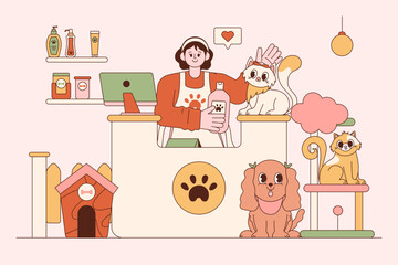 Pet Shop in Flat Cartoon Outline Illustration with Solid Color Background