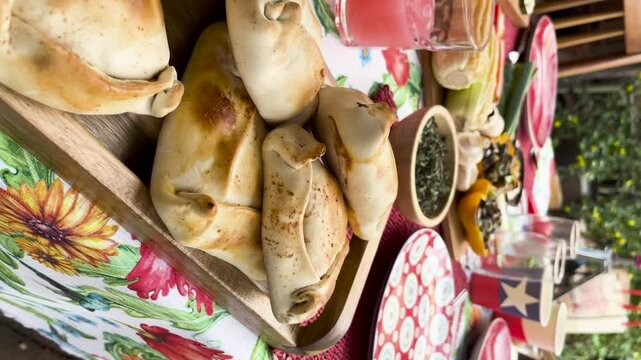 Fiestas patrias Chile national day set grill flags empanadas and pebre